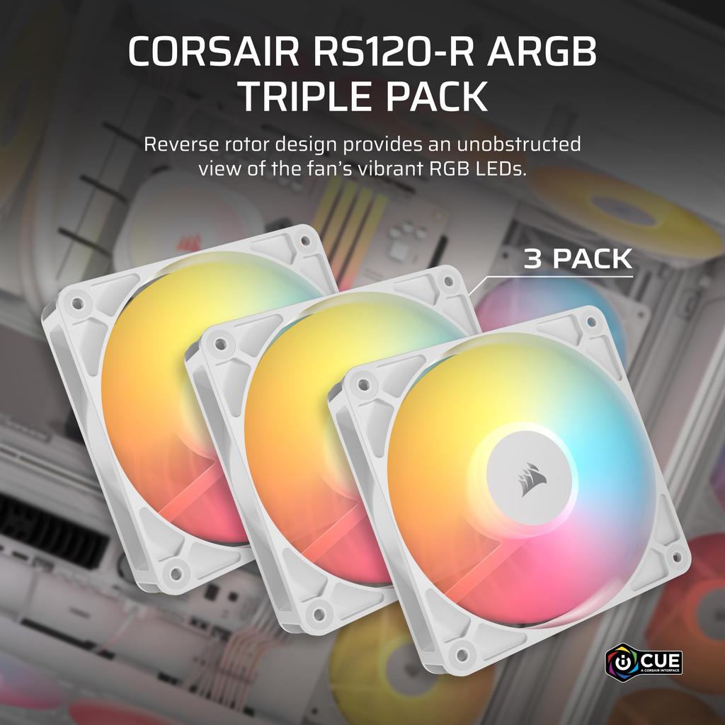 Corsair ARGB WHITE Triple Reverse Fans PC Case RS120-R Fan, 3-Pack, White, CO-9050197-WW