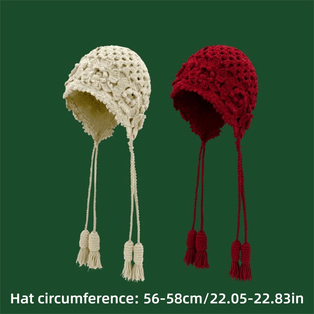 Casual Hollowed-out Flower Bonnet Hat Hand Woven Long Tassel Knitted Ear Protection Hat Windproof Pullover Hat