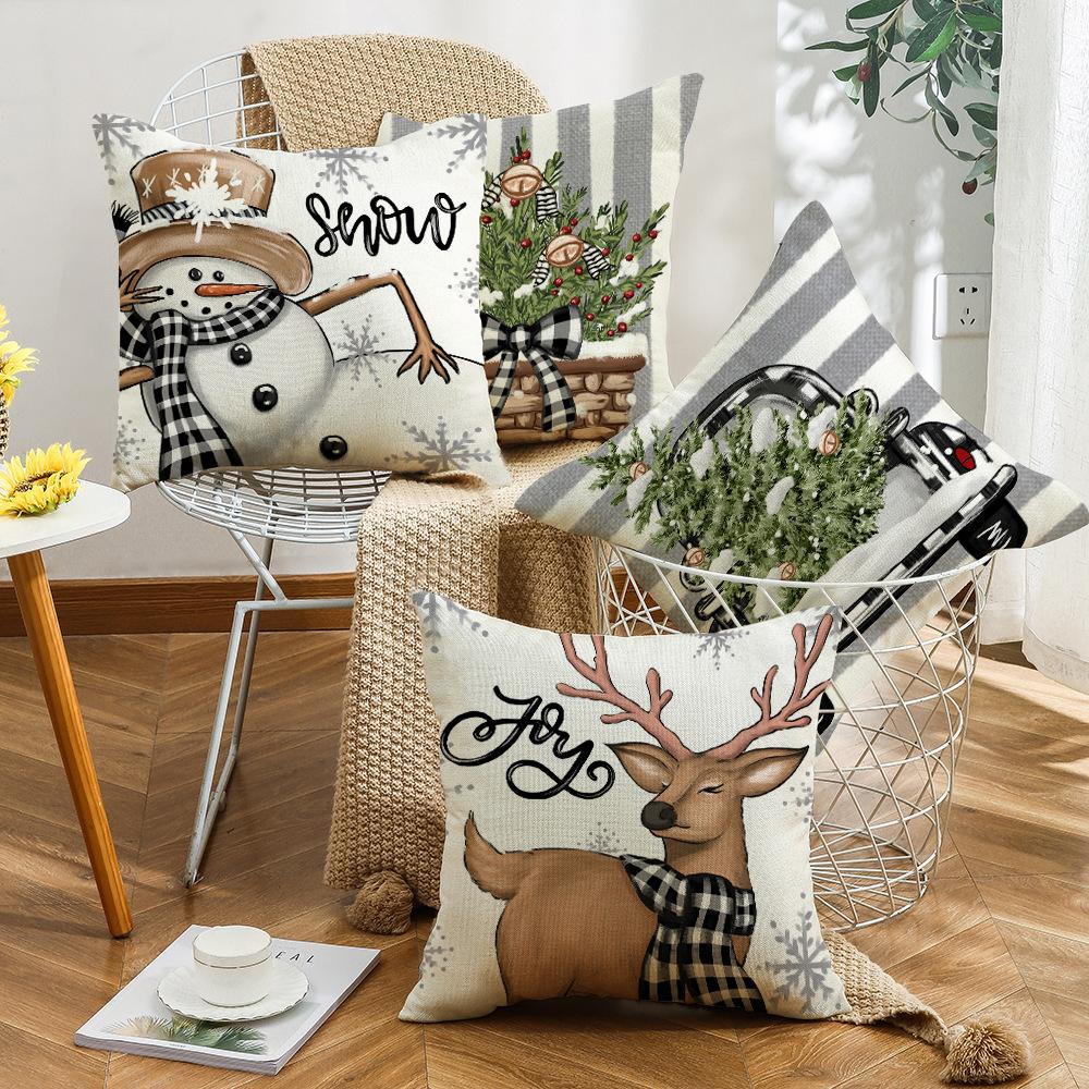 New Cartoon Snowman Pillow Cover Christmas Series Reindeer Christmas Tree Sofa Living Room Pillow Cover