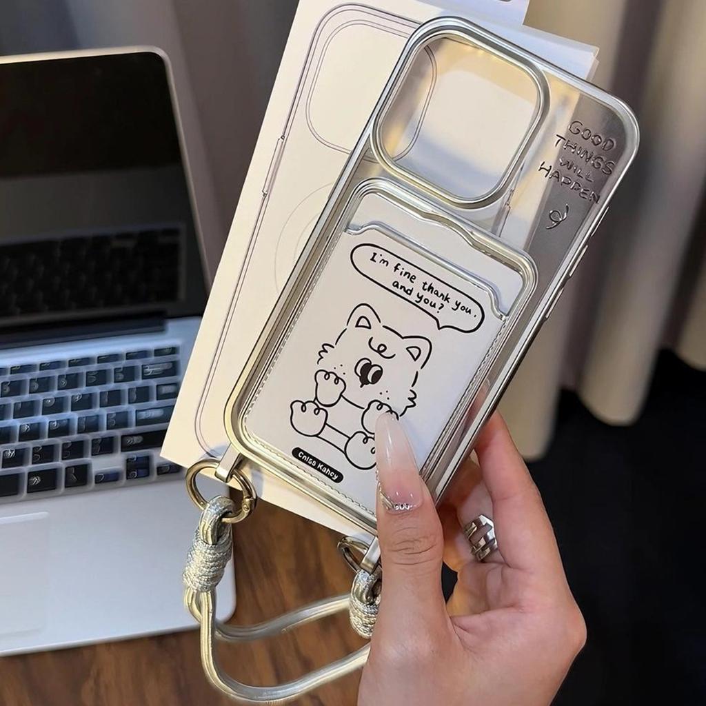 Electroplated Lanyard Card Holder with English Lines Puppy Full Edge TPU Frosted Hard Shell Japanese and Korean Airbag Anti-fall Cartoon Shell