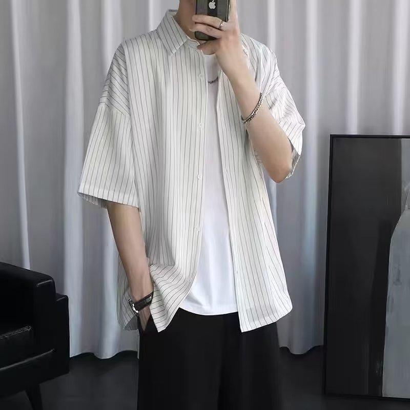 Summer Striped Short Sleeved Shirt For Boys, Trendy Couple, Harajuku Design, Five Quarter Sleeve Drape Shirt