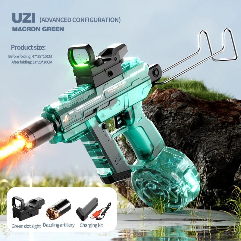 Uzi Electric Water Gun With Realistic Muzzle Flame, High Pressure Squirt Gun For Summer Pool Water Fighting Toys For Adults