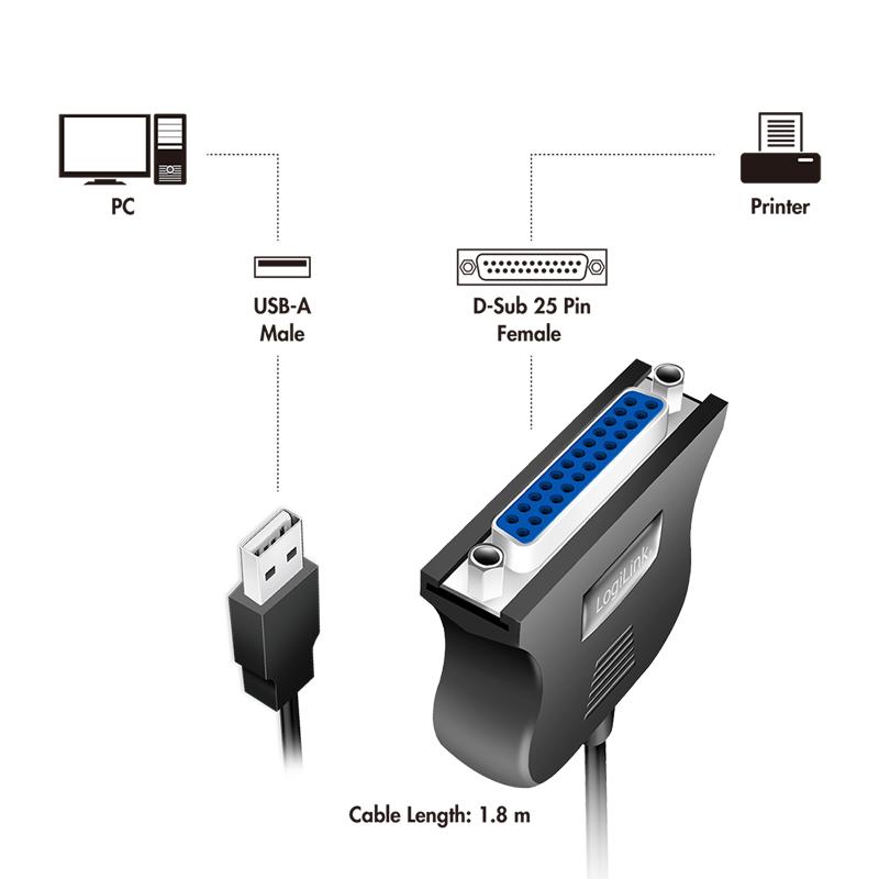 LogiLink USB-A to DB25 Adapter Cable, For 1.8m Printers, Adapter