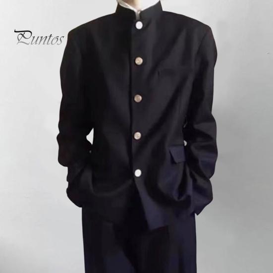 Men Suit Coat Solid Color Stand-up Collar Single-Breasted Formal Jacket with Flap Pockets Chinese Tunic Suit