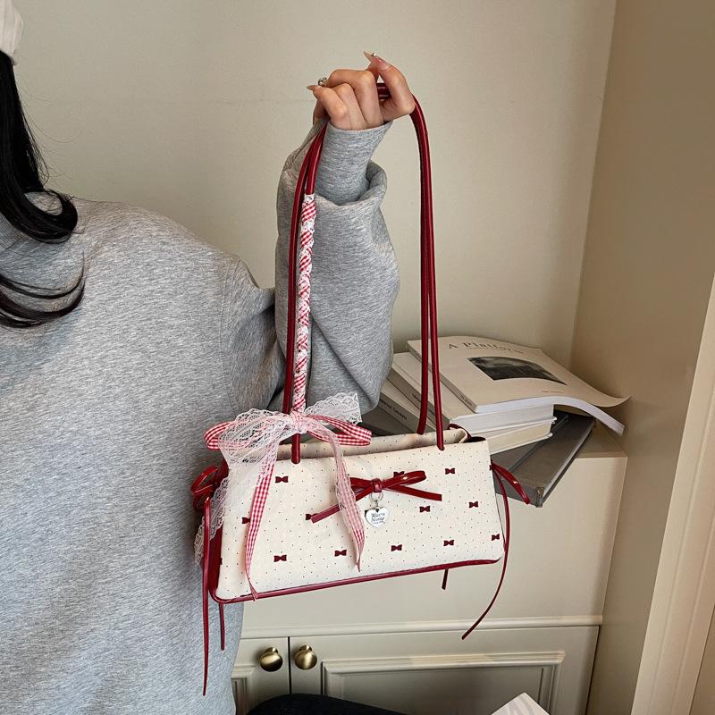 Bow Polka Dot Small Bag Women's New Fashion Seersucker Baguette Bag Summer Niche Commuter Shoulder Bag