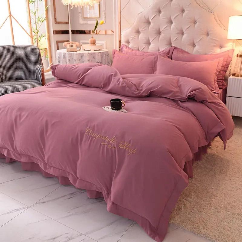 4pcs/set European-style Simple and Modern Solid Color Embroidered Quilt Bedding Bed Skirt Set Bedding Set Comfortable Soft Four-piece Set