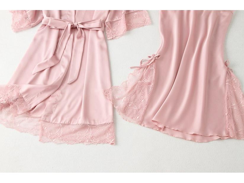 Sexy Pure Desire Lace Pajama Set: Solid Color Slip Dress with Tie-Up Morning Robe