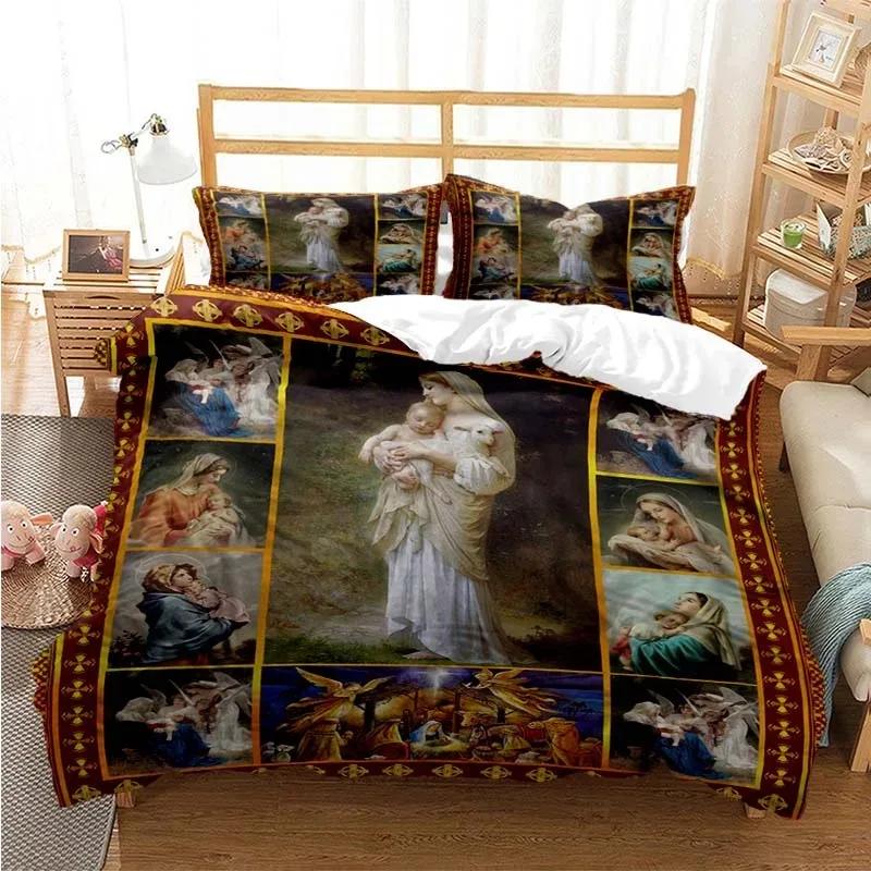 3D Jezus Maagd Maria Comfortabel Dekbed Dekbedovertrek Kussensloop Beddengoed Set Kinderkamer Decoratie Huis Textiel