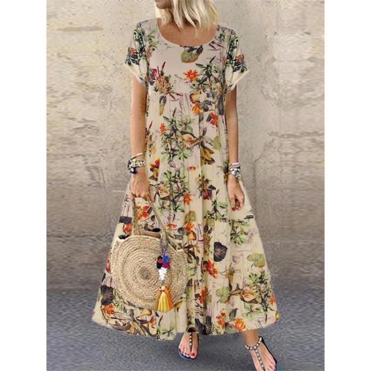 Neues Sommer Bohemian Bedrucktes Damenkleid Kurzarm Rundhals