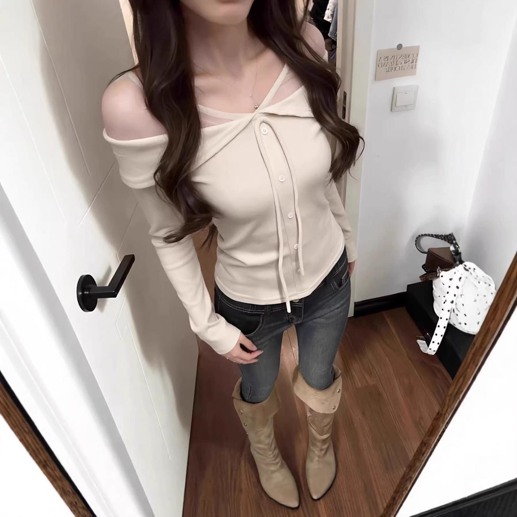 French mesh stitching lace-up one-word shoulder long-sleeved T-shirt women s spring spice slim-fitting off-the-shoulder bottoming top S