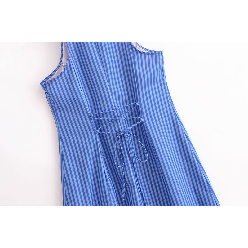 Kaslead New Arrival Women's Clothing Fashion Style Fashion Minimalist Stripes Shirt Collar Sleeveless Shoelace Dress