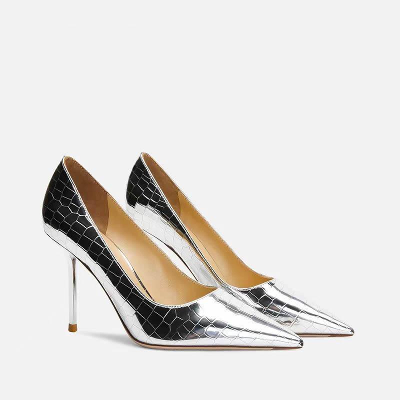 European and American Style Sexy and Thin, Shallow Mouth Pointed Head, Super High Heel, Metal Stone Pattern Retro Single Shoes, High Heels