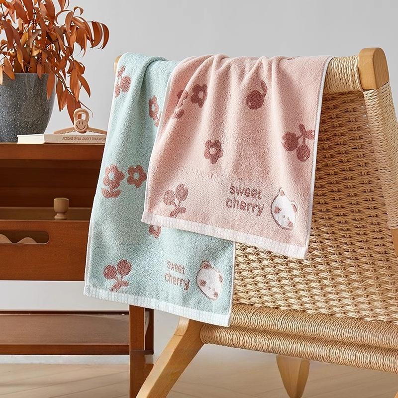 34 X 74cm Cute Cotton Hand Towels Pack of 2, Cartoon Animal Soft Towel for Women Girls, 100% Cotton Cherry Decorative Towels for Bathroom