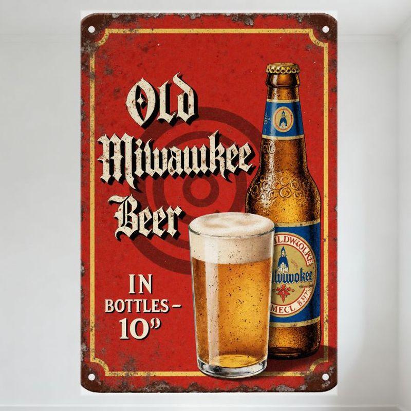 Винтажная металлическая жестяная вывеска Old Milwaukee Beer, состаренный красный фон с изображением пивной бутылки и пивного бокала, ретро, ​​середина 20-го века. 20x30cm（7.8x11.8inch）