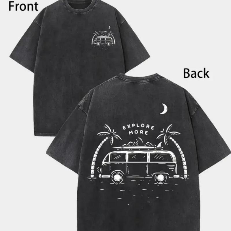 

European Size Men s Heavyweight Vintage Washed T-Shirt - Double-Sided Retro Graphic Tee with Explore More Design, Soft Breathable Fabric 5XL чорний