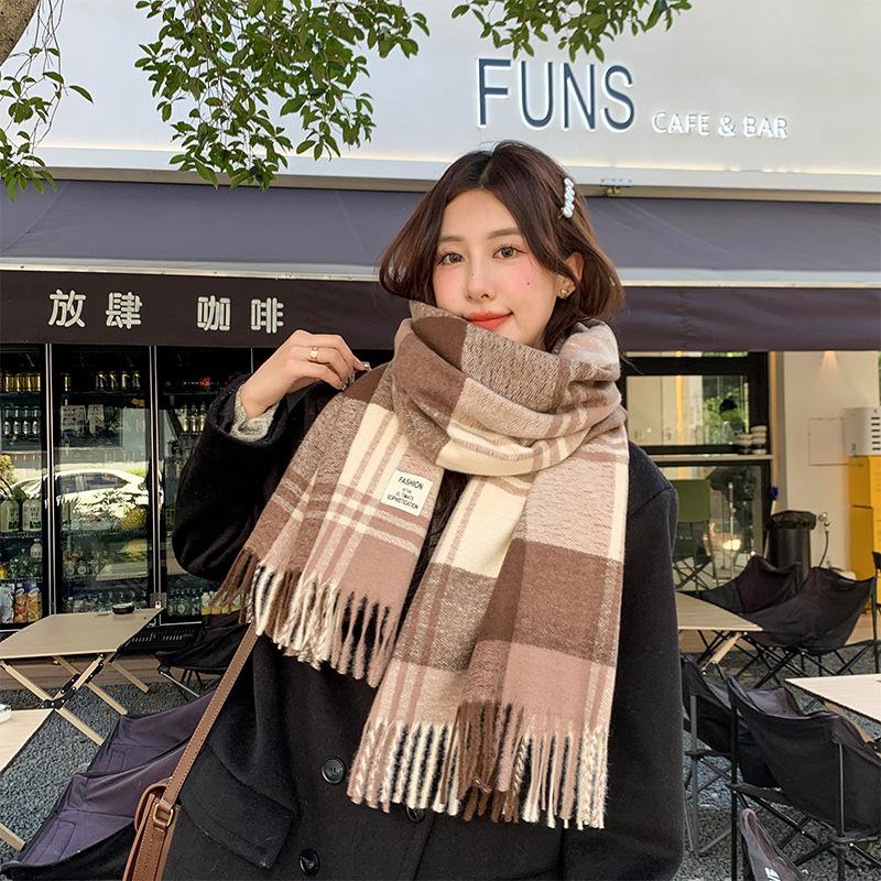 Korean Style Gentle Purple Imitation Cashmere Scarf Versatile Plaid Tassel Scarf Autumn and Winter Warm Plus Velvet Shawl
