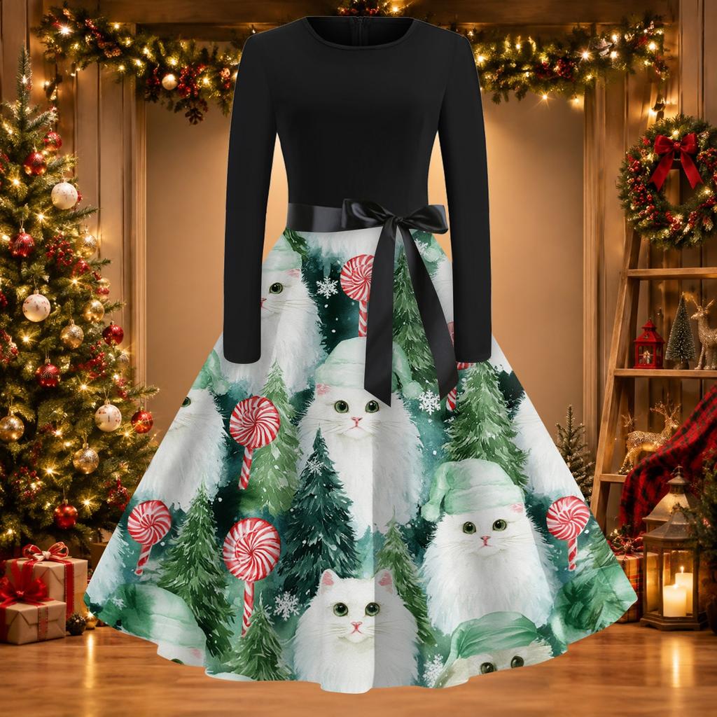 Women's Casual Vintage Christmas Print Neck Dress