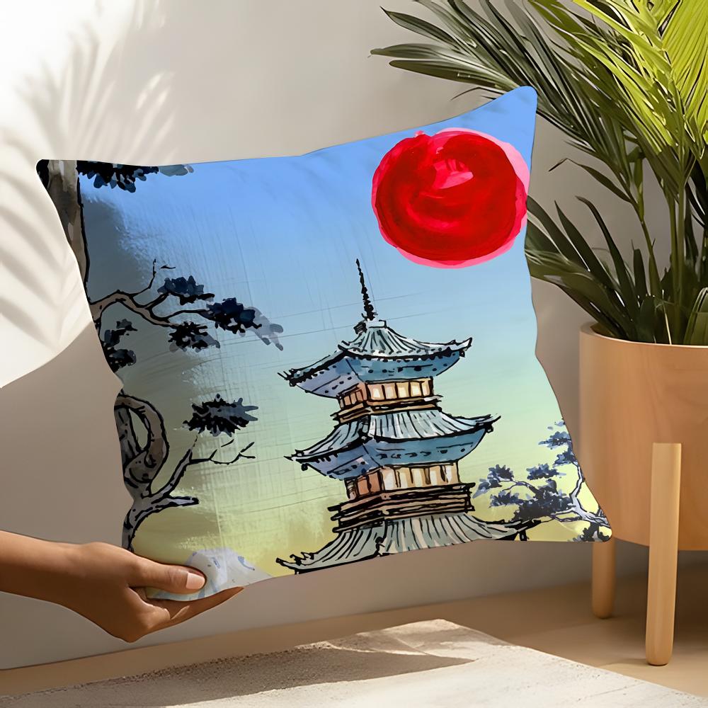 Retro Japanese Pagoda Landscape 1 Pillow Case Linen Cushion Covers For Decorative Sofa Home Pillows Case Car Chair Pillows Cases