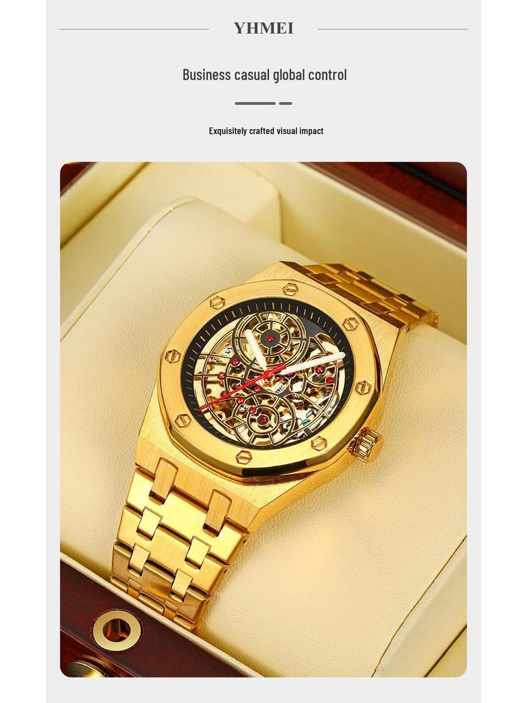 Men's Luxury Stainless Steel Skeleton Mechanical Watch with Large Dial, Fully Automatic Design