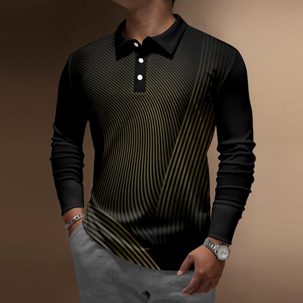 Herren-Revers-Langarm-bedrucktes Freizeit-Oberteil, lockeres Sport-Revers-Hemd