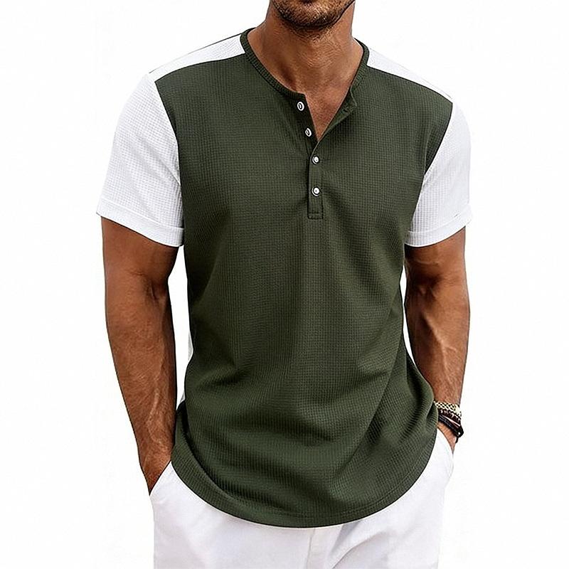 Mens Loose Short Sleeve Waffle Henley T Shirt Summer Casual Top
