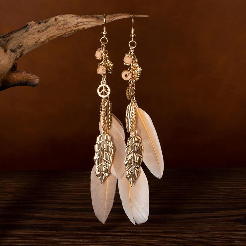Bohemian Leaf Feather Earrings Retro Ethnic Style High Temperament Earrings Long Chain Ear Hook Jewelry Women