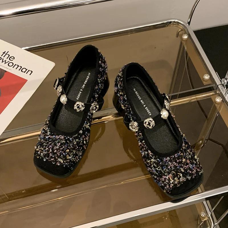 

Дизайнерские весенние женские туфли Мэри Джейн с пайетками, модные элегантные туфли-лодочки с квадратным носком для свадебной вечеринки 35 синий