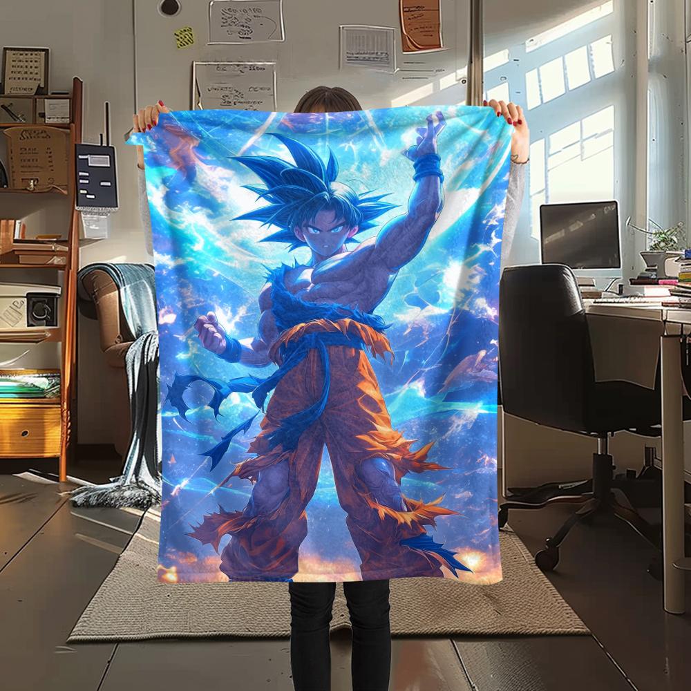 Cartoon Goku Pattern Flannel Blanket, High Quality Comfortable for All Seasons, Home Decor, Warmth and Comfort, Perfect for Gifts.