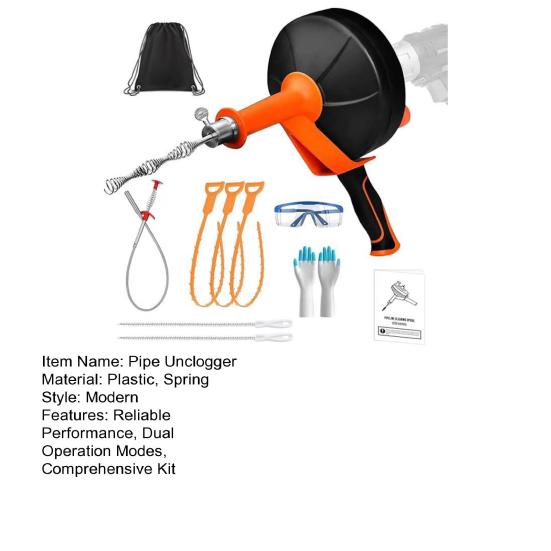 1 Set Pipe Unclogger Kit Electric Drill Operation Kitchen Bathroom Shower Floor Drains Cleaner Includes Gloves Goggles Storage Bag