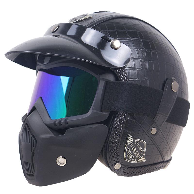 Retro Leather Motorcycle Half Helmet with Visor
