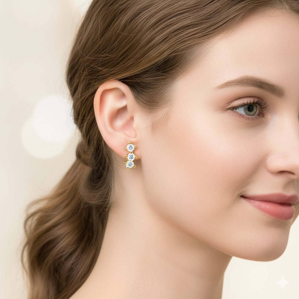 Minimal Vertical Triple Stud Earrings - Sterling Silver Yellow Plated