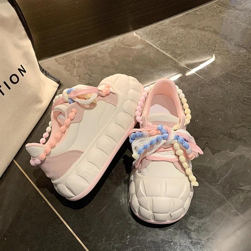 

5cm Cute Kawaii Ladies Shoes Fashion Round Toe Lace Up Women s Vulcanized Shoes Spring Flat Outdoor Breathable Women Sneakers 35