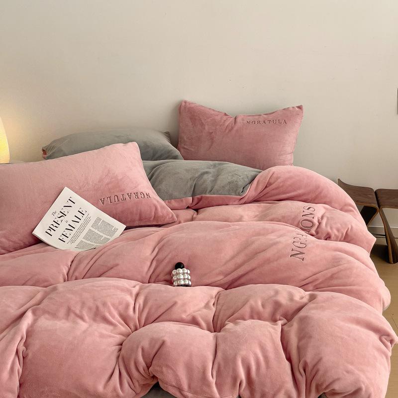 Thickened Milk Fleece Four-Piece Set, Milk Fleece Coral Fleece Bed Sheet Quilt Cover Double-Sided Flannel Bed Three-Piece Set