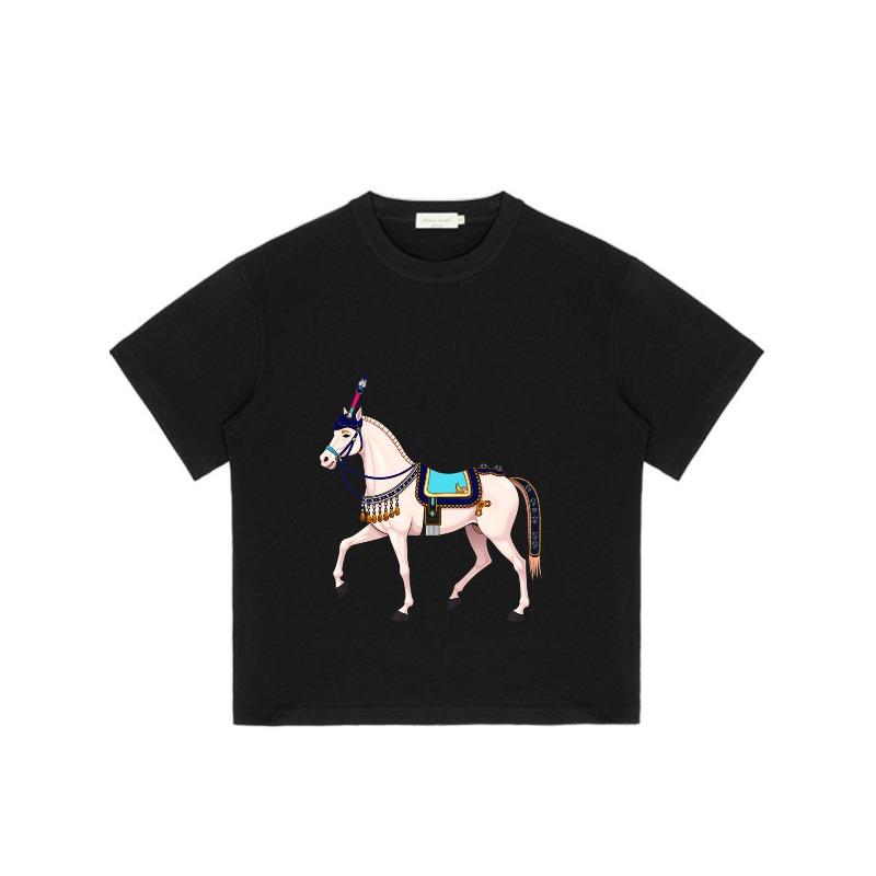 Black T Shirt With Decorated Horse Print For Casual Wear