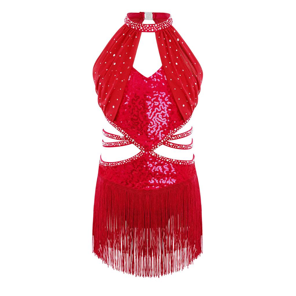 Dziewczęca Sukienka do Tańca Latynoamerykańskiego Bez Rękawów Marszczona Siateczkowa Góra Wycięcie w Talii Paski Błyszczące Frędzle Cyrkonie Płatki Sequins Body