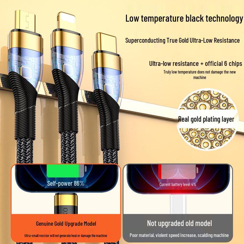 66W 3-in-1 Data Cable: Fast Charging 120W 6A for Apple, Huawei, and More