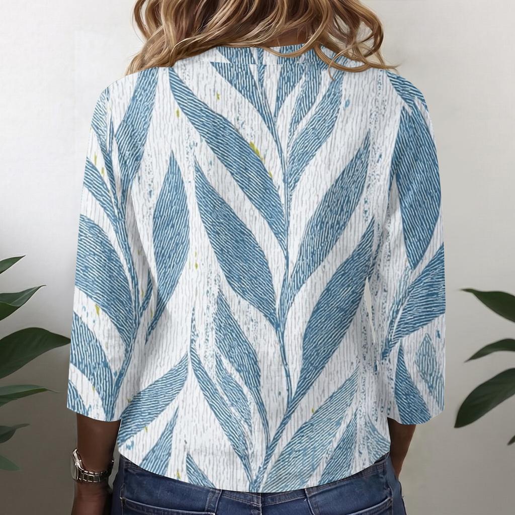 Women Vintage Floral Print Henley Collar Button Down Shirt Three Quarter Sleeve Linen Cotton Blouse Casual Loose Fit Top