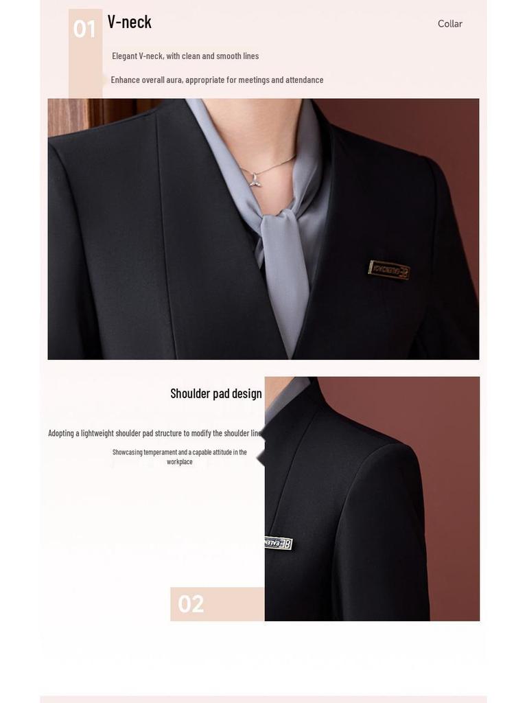 Elegant Collarless Women's Suit Set for Hotel Manager & Receptionist Spring/Autumn Workwear