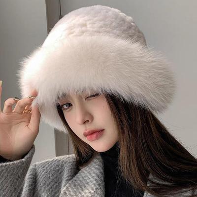 Hat Female Winter Fur Furry Bucket Hat Winter Plush Rabbit Fur Thickened Warm Cold Basin Hat