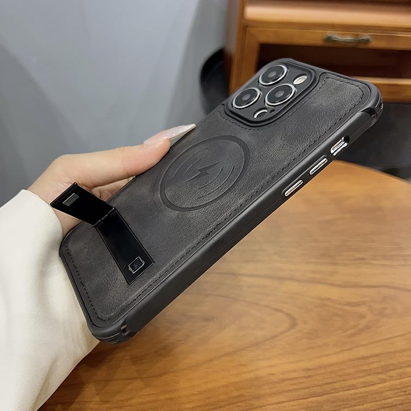 Magsafe Magnetic Wireless Charging Bracket Leather Phone Case For iPhone 15 Pro Max 11 13 12 14 Pro Max Shockproof Back Cover