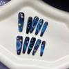 Hand-Painted Blue Starry Sky Cat Eye Long Nail Art False Nails