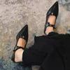 Fashion Spring New Single-shoe Women's Pointed Head Shallow Mouth Metal Buckle A Line with Anti-slip Wear-resistant Thick Heel Shoes