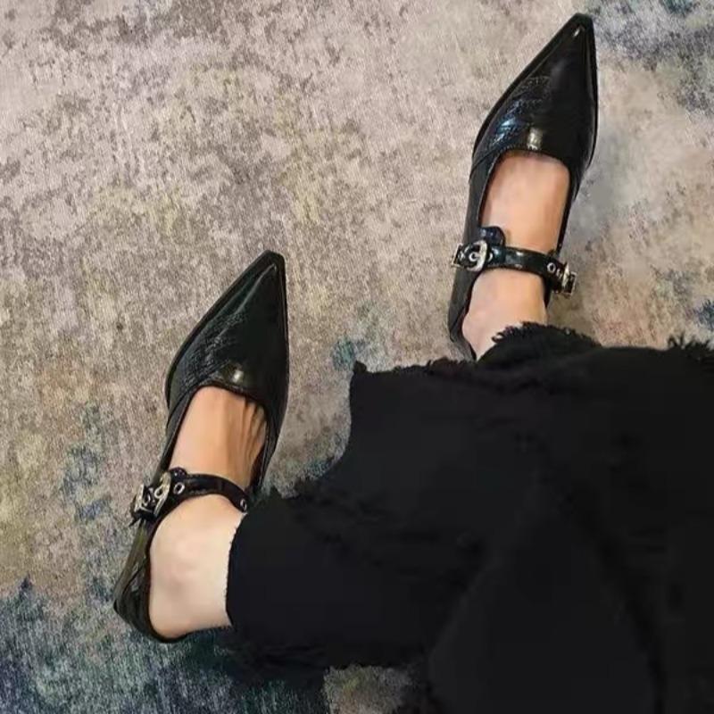 Fashion Spring New Single-shoe Women's Pointed Head Shallow Mouth Metal Buckle A Line with Anti-slip Wear-resistant Thick Heel Shoes