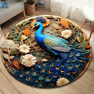 1ks Protiskluzový koberec Ložnice Páv Koberec Cartoon Kulatý koberec Obývací pokoj Květinový koberec Hrací podložka na podlahu