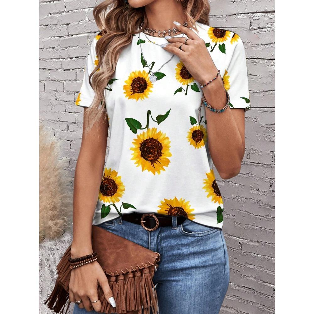 Sunflower Color Flower 3D Printing Women's T-shirt Casual Round Neck Short-sleeved Top Harajuku Y2k Tee Women's Clothing