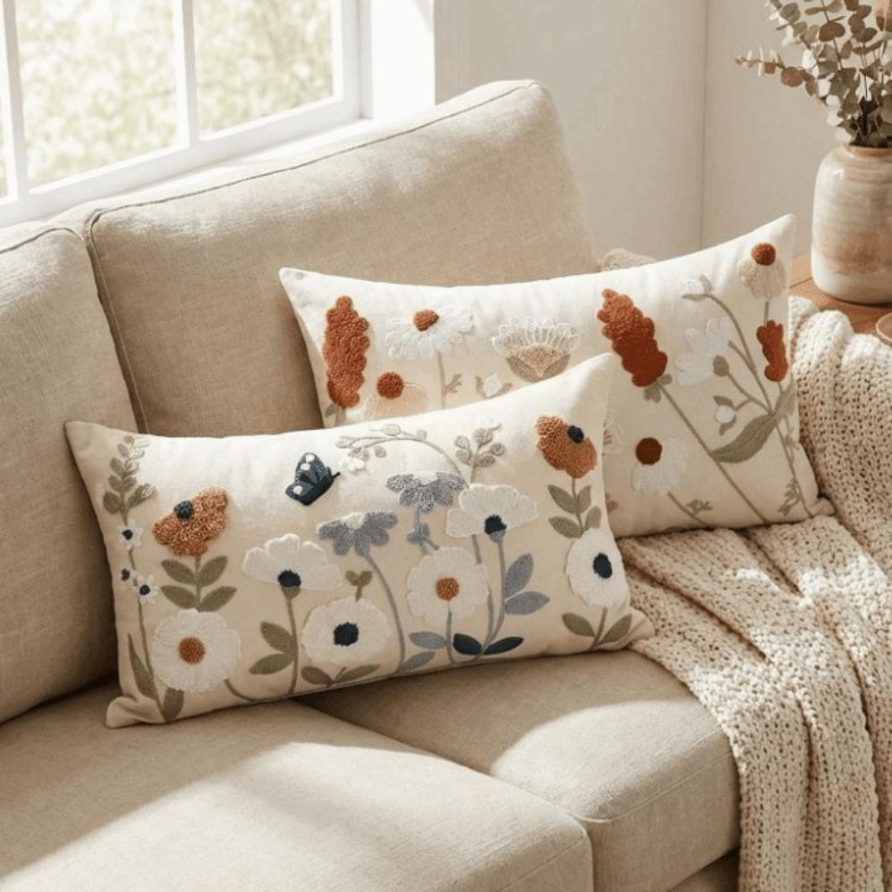 Pastoral Floral Embroidered Cushion Cover Canvas Soft Texture Decorative Pillow Case Spring Theme Wear Resistant