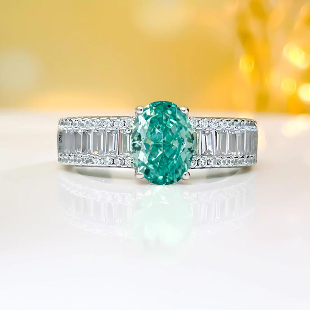 

Open Ring Fashionable Egg Shape Ice Cut Paraiba Ring with High Carbon Diamond Simple Elegant for Women adjustable