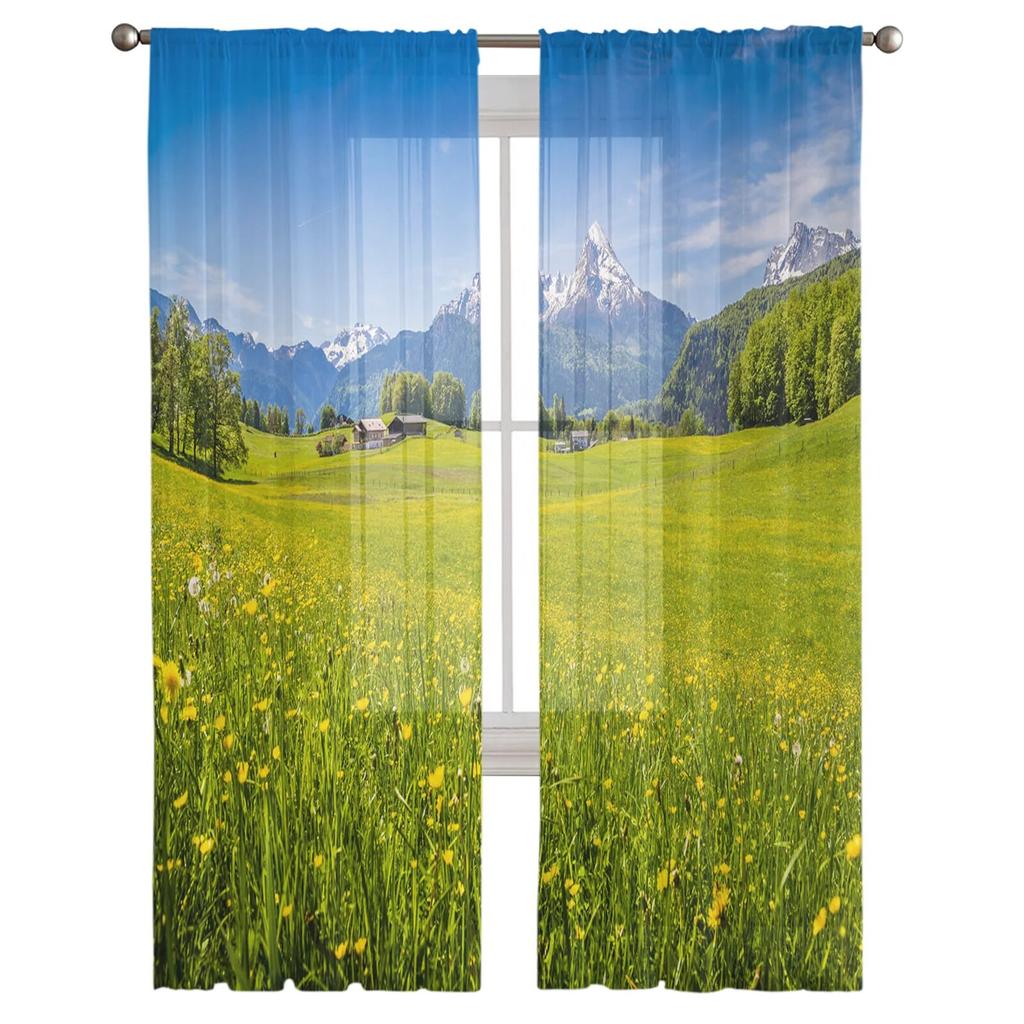 Idyllic Mountains Meadow Modern Printed Tulle Curtains for Bedroom Balcony Window Decor Creative Fashion Home Sheer Curtain