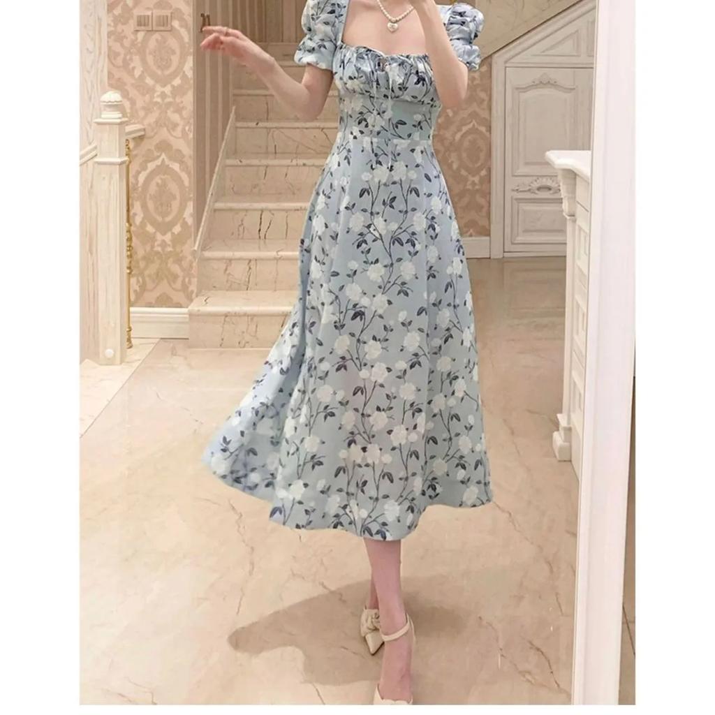 Women's Summer Trumpet Sleeve Waist Cinched Dress Short Sleeved Floral Long Skirt