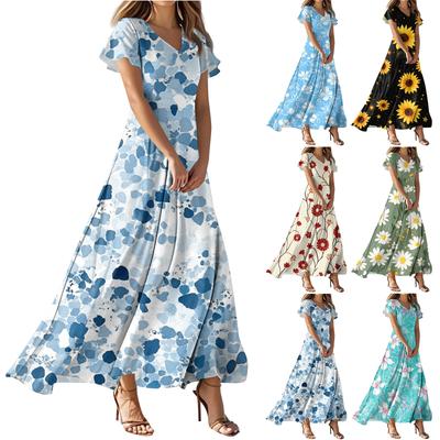 Damen Sommer Casual Fashion Blumendrucke Kleider V-Ausschnitt Kurzarm Kleider